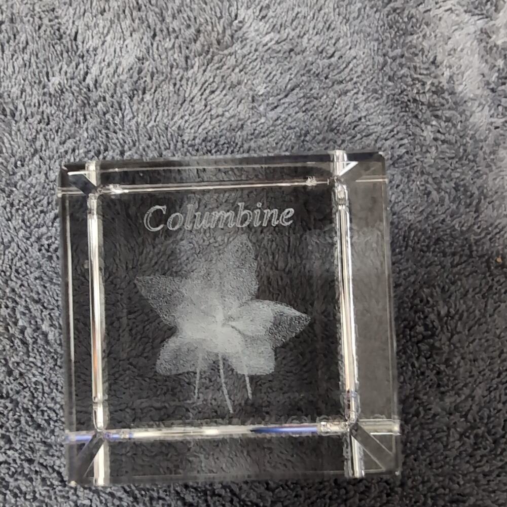 Vintage Crystal Cube Glass Paper Weight Laser Etched Columbine Beveled Edge 1.5”
